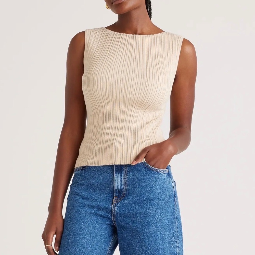 Quince Cotton Cashmere Ribbed Tank Top Heather Oatmeal Boatneck - XLarge